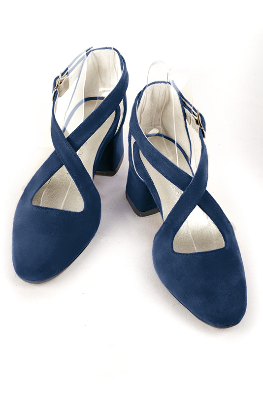 Women's navy blue elegant closed-back heels, with crossed straps. .  - Top view
